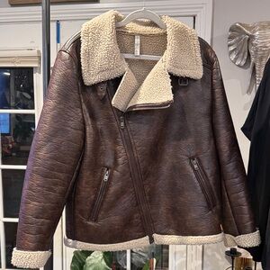 Zara Brown Leather Jacket with Shearling Collar